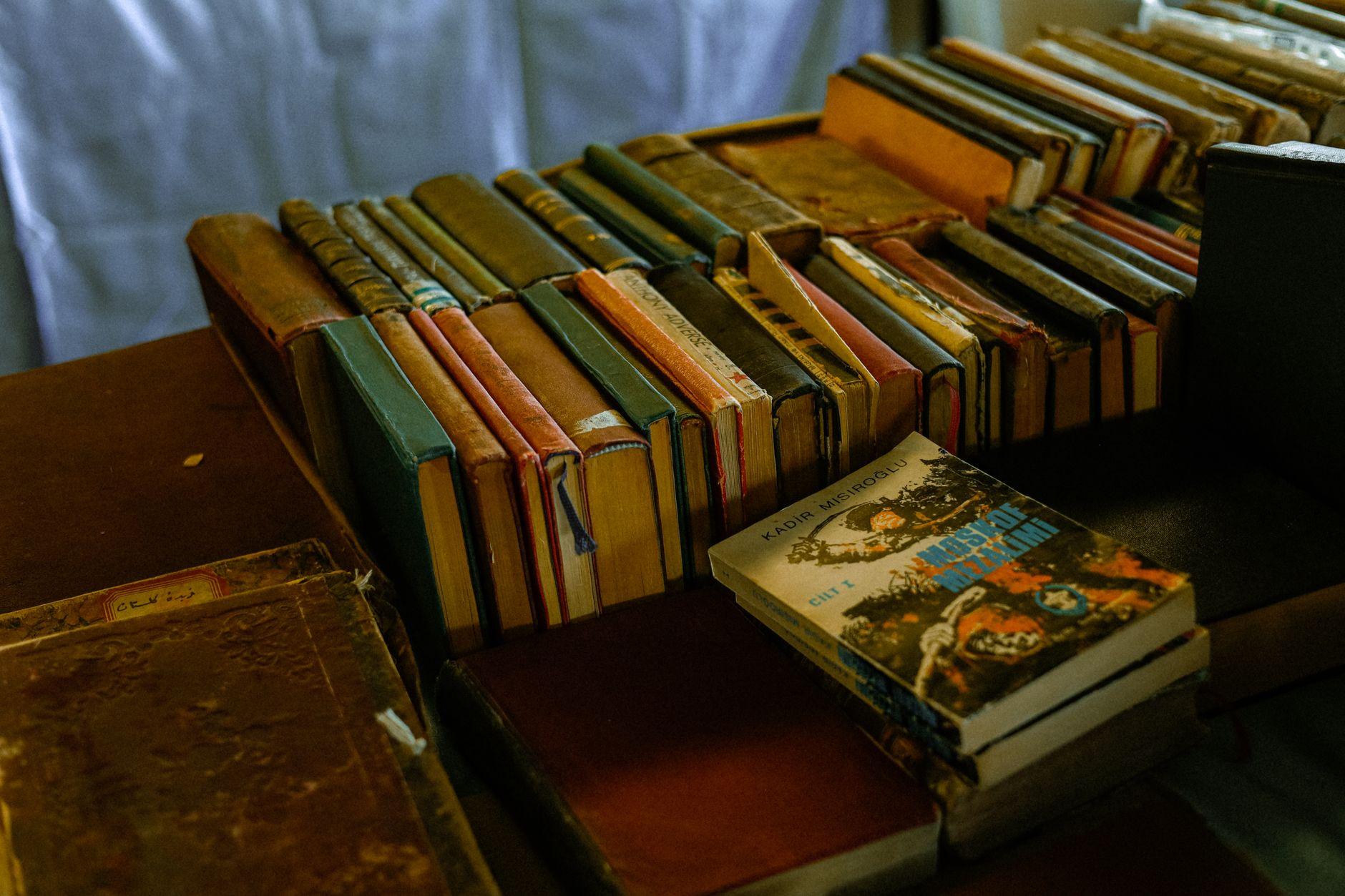 Several fantasy book covers laid flat side by side on a wooden table